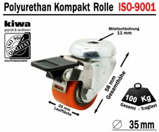 Polyurethan Rückenloch Transport Lenk Rollen 1 x Ø 35mm Traglast 100 Kg BREMS