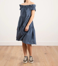 Ulla Johnson Olivia Dress Chambray Midi Ruffle Pleated Linen Summer Boho Size 4