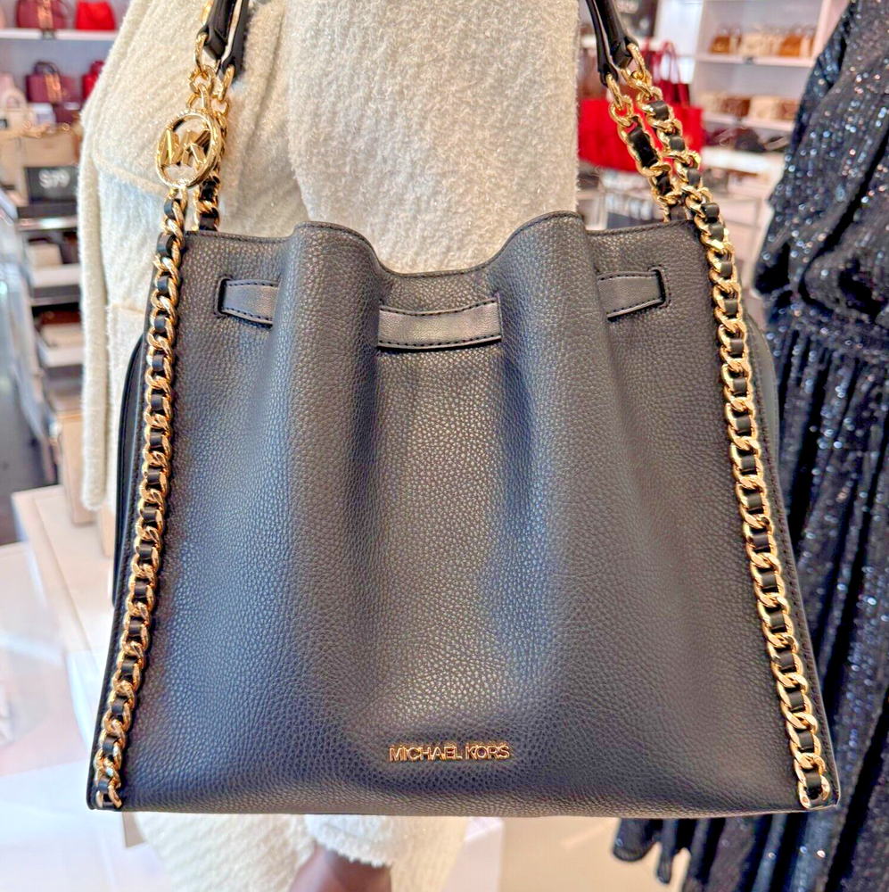 Michael Kors Mina Large Chain Belted Logo Shoulder Bag Black