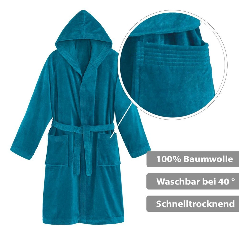 Bademantel Saunamantel Morgenmantel m. Kapuze Unisex 100% Baumwolle Velour Lang - Bild 2 von 4