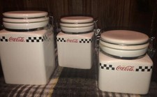 Retro Coca-Cola 3pc Canister Set by Gibson White Red Black 2002 Ceramic