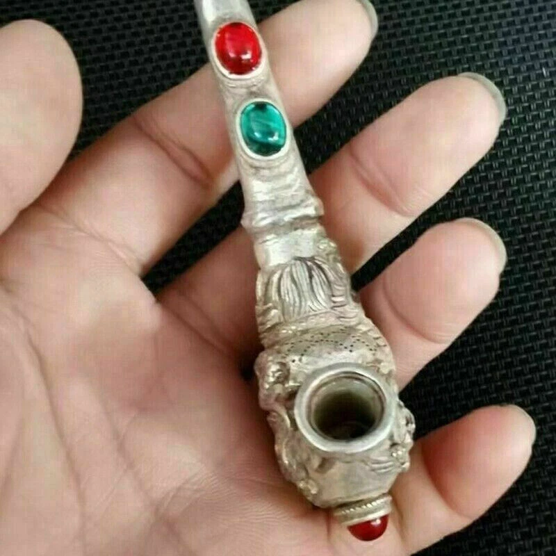 Antiguo Tíbet chino plata tallada a mano dragón fénix incrustación gema pipa herramientas para fumar Foto 4 de 4
