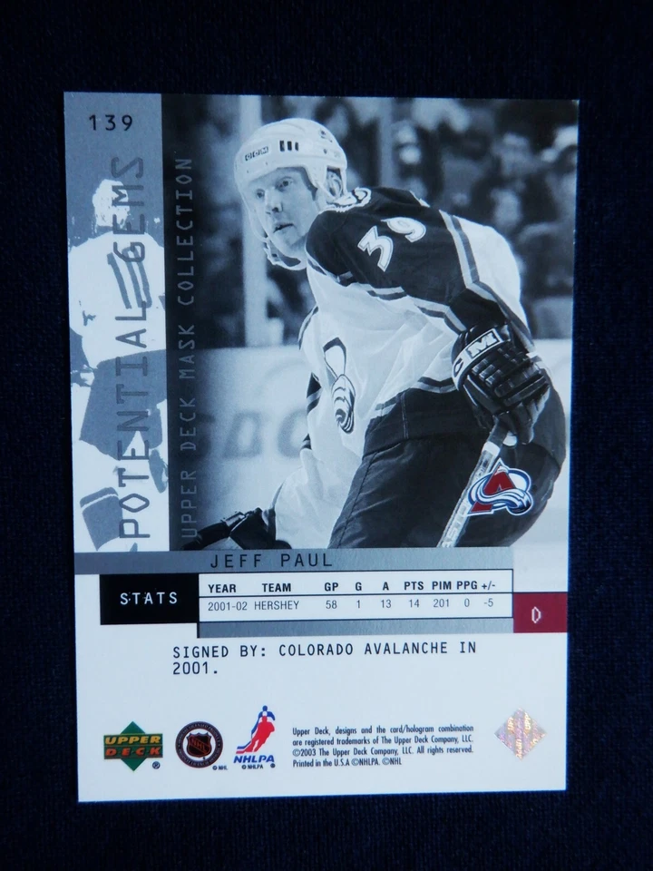 Jeff Paul UD Mask Collection RC 139 - 0921 / 1750, 2002 -03 NHL, Avalanche - Image 2 of 2
