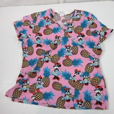 Disney Minnie Mouse Scrub Top Shirt Short sleeve Pink Pineapple Hawaiian XL