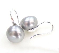 Genuine Natural 11-12mm Gray Akoya Freshwater Pearl Silver Hook Dangle Earrings