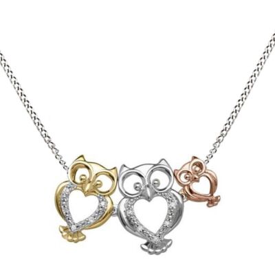 Simulated Diamond Accent Sterling Silver 925 Owl Family Necklace W/ 18'' Rope
