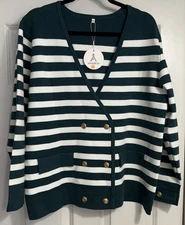 Nautical Preppy Stripped Gold Buttons Cardigan Women Size XL Green White