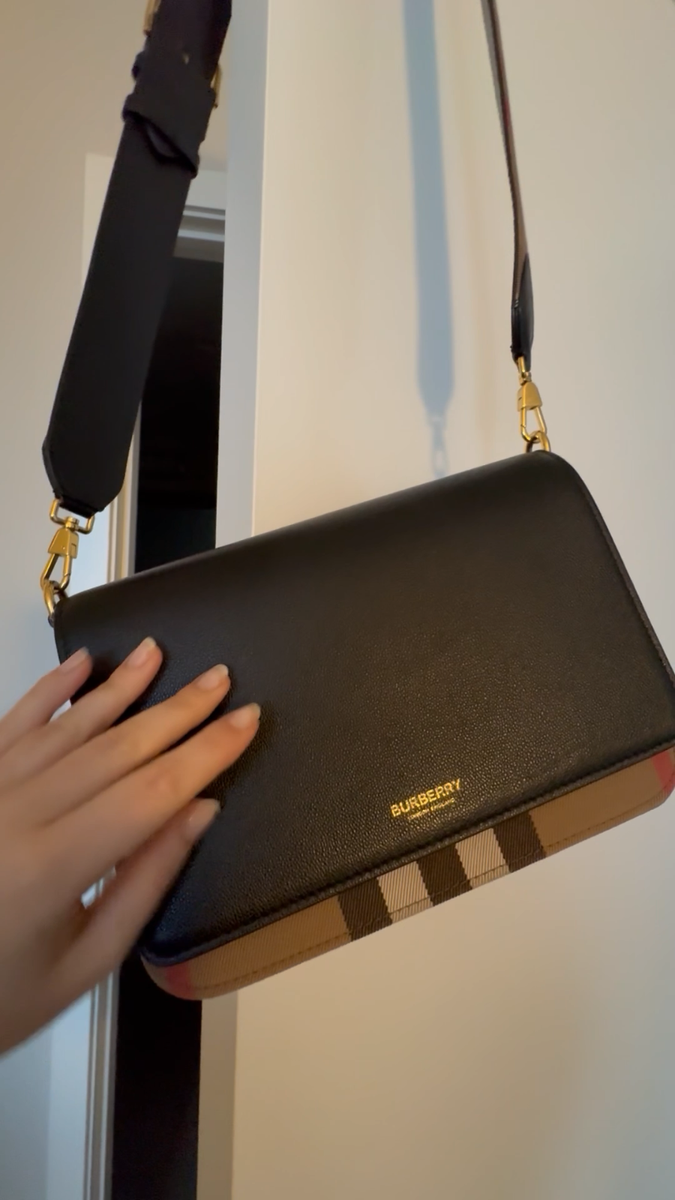Burberry Women's Mackford Leather Flip Check Shoulder Bag, Black