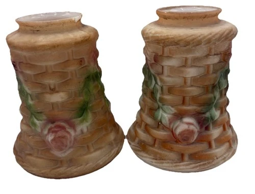 Pair Antique Painted Milk Glass Puffy Basket Flower Lamp Light Shade