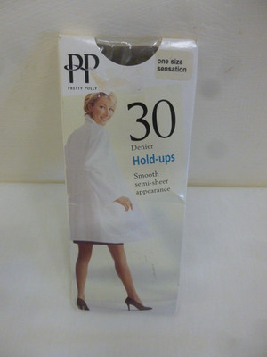 pretty polly 30 DEN halterlose Strümpfe hellbraun Farbe, Größe bis 178cm, New Old Stock
