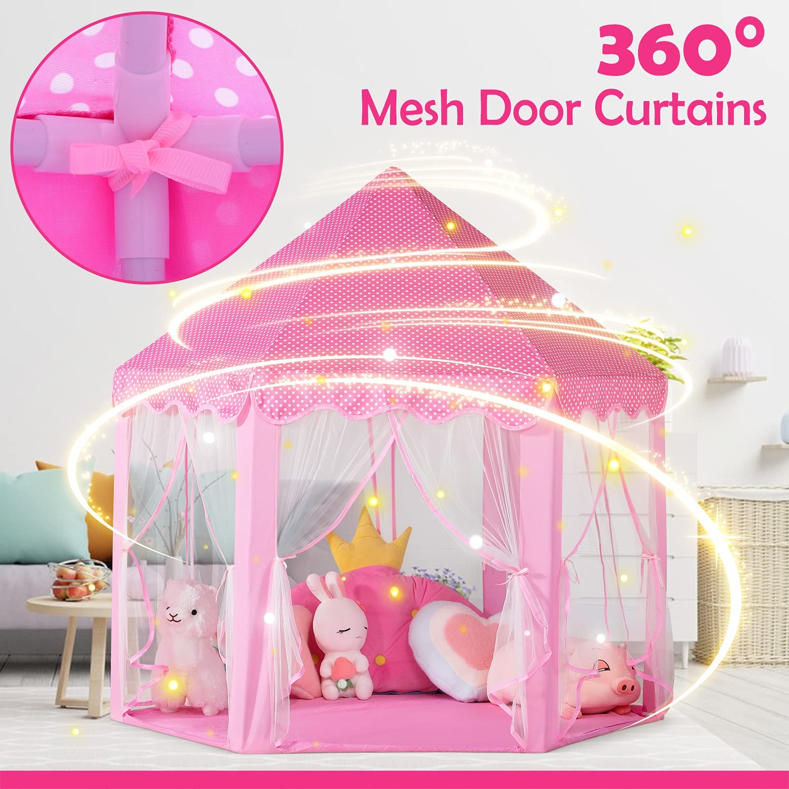 Princess Castle Play Tent Girls, Large Hexagon Playhouse w/ Star Lights (Pink)