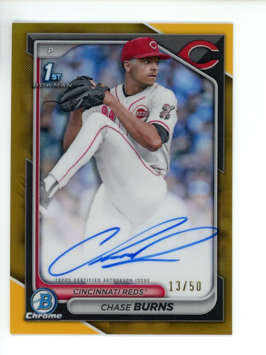 CHASE BURNS 2024 BOWMAN CHROME 1ST TRUE GOLD ROOKIE AUTO /50 #CPA-CB REDS