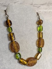 Orange & green glass bib necklace amber tone beads dark gold tone chain 56+5cm