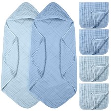 6 PCS Baby Muslin Hooded Bath Towels 32x32 Inch Mint Sky Blue Washcloths
