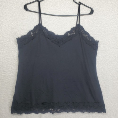 #ad #ad White House Black Market Lace Trim Cami Top XL Black Stretch Satin Y2K Goth $14.48