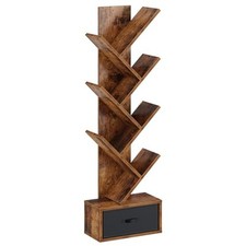 Bookshelf with Drawer, 7 Shelf Tree Bookshelf, Wooden 7 Tier Rustic Brown