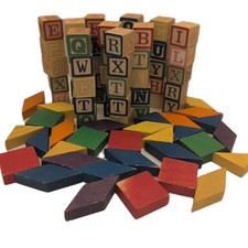 Lot of 50 Vintage 1  Square Wooden Alphabet Letter Number  30Shapes Blocks