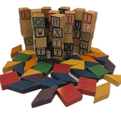 Lot of  50 Vintage 1  Square Wooden Alphabet Letter Number & 30Shapes Blocks