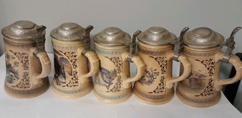 Lot Of 5 Alwe Stoneware Pewter Lidded Beer Stein West Germany