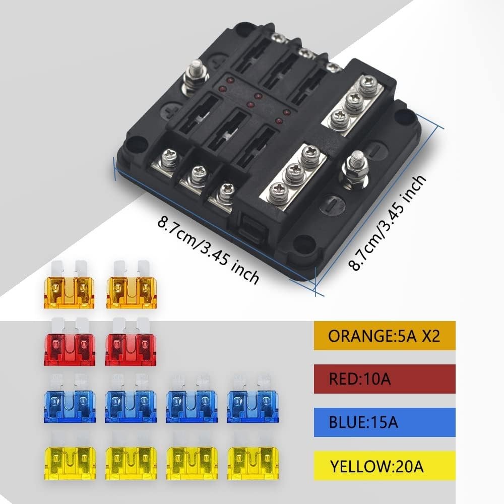 6-Way Marine Fuse Block,Waterproof 12V Fuse Block with LED Indicator, Automotive