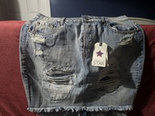 Vanilla Star Blue Distressed Denim Mini Skirt, Button Closure, Pockets