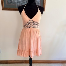 Paper Moon Mini Dress Women Small Peach Crochet Lace Halter Boho Rayon Sun Dress