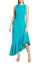 Eliza J, Bright Turquoise, 10, Asymmetric Ruffle Hem Cocktail Dress