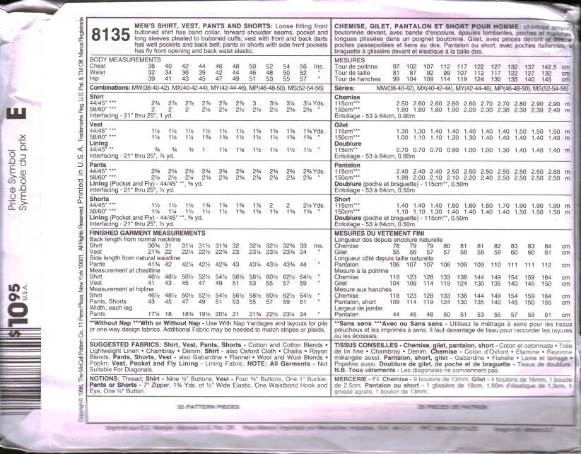 8135 Vintage McCalls SEWING Pattern Mens 1990s Shirt Vest Pants Shorts UNCUT OOP - Image 2 of 2