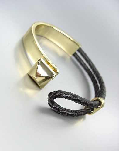 UNIQUE Gold Spike Stud Black Braided Leather Cords Loop Clasp Bracelet - Picture 5 of 5