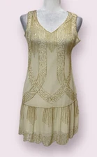 Frock and Frill Beaded Flapper Dress 20s Style Nude Golg Size 4 US Gatsby Art