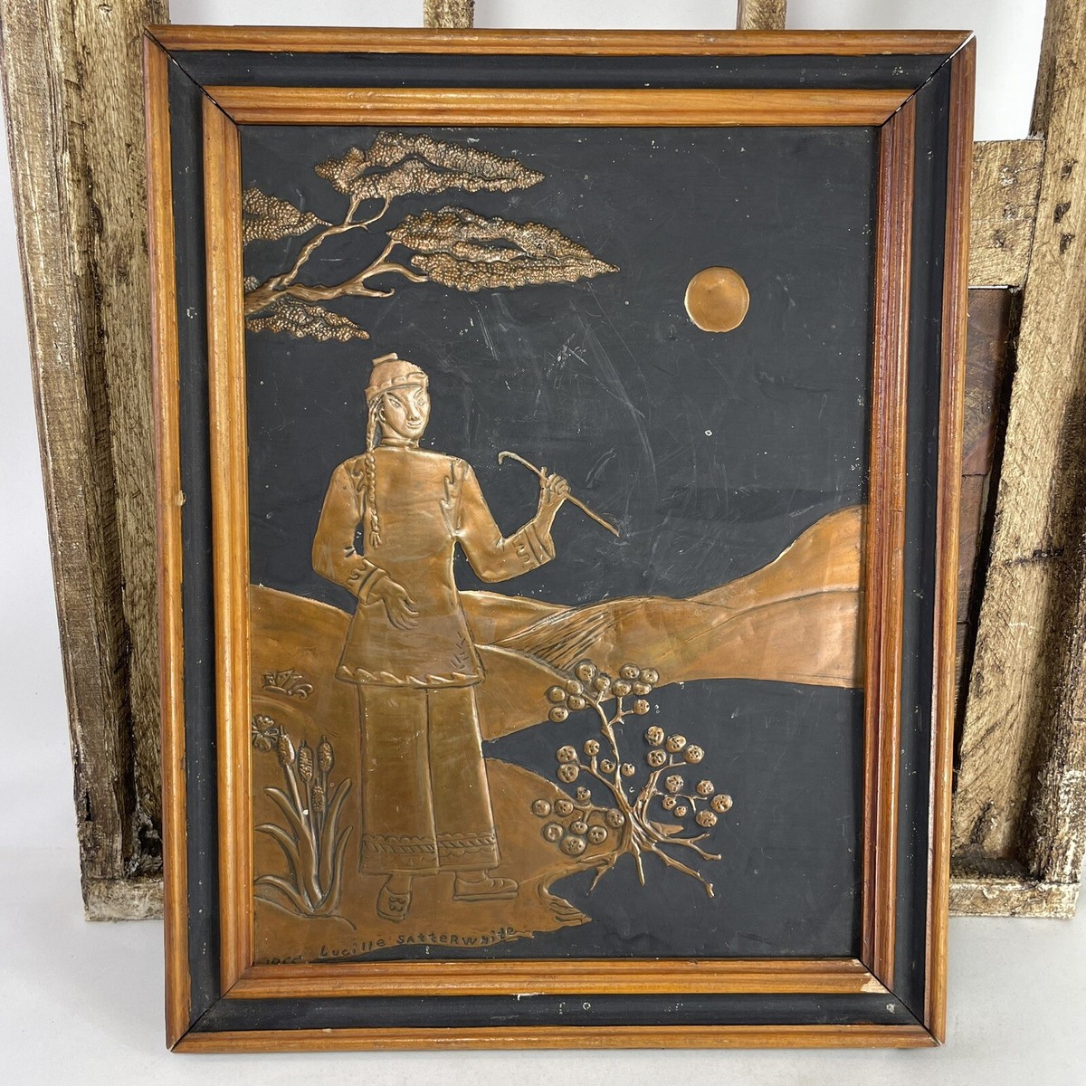 絵画アンティーク Antique Vintage Framed Hammered Copper Wall Art Embossed Japanese