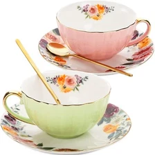 Set of 2 Tea Cup and Saucers, 8 Oz Floral Tea Cups with Gold Trim and Spoon