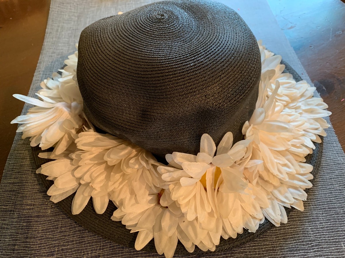 Vintage 1950s wide brimmed black straw hat with white flowers She Had That Look About Her - Vintage 1930s 1940s Classic  main image 2