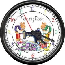 Sewing Machine Room Seamstress Tailor Mouse Vintage Art Decor Sign Wall Clock