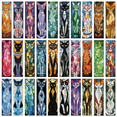 Lesezeichen 30 Stück Katzen Kunst Cat Buchzeichen Lesemarke Zeichenband Litze