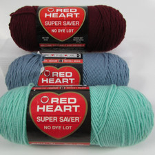 3 Red Heart Super Saver Yarn Claret 378 Country Blue 0382 Light Mint 0364 