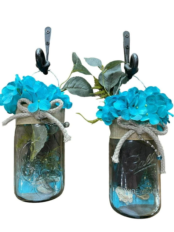 Nautical Mason Jar Lighted Wall Hanging Sconce Set Handmade - Image 2 of 4