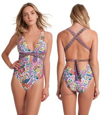 Trina Turk Jungle Beach Print Cross Back One Piece Halter Swimsuit