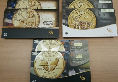 2014 2015 & 2016 (6) Native American Coin & Currency Sets with 2 cons. nom bills