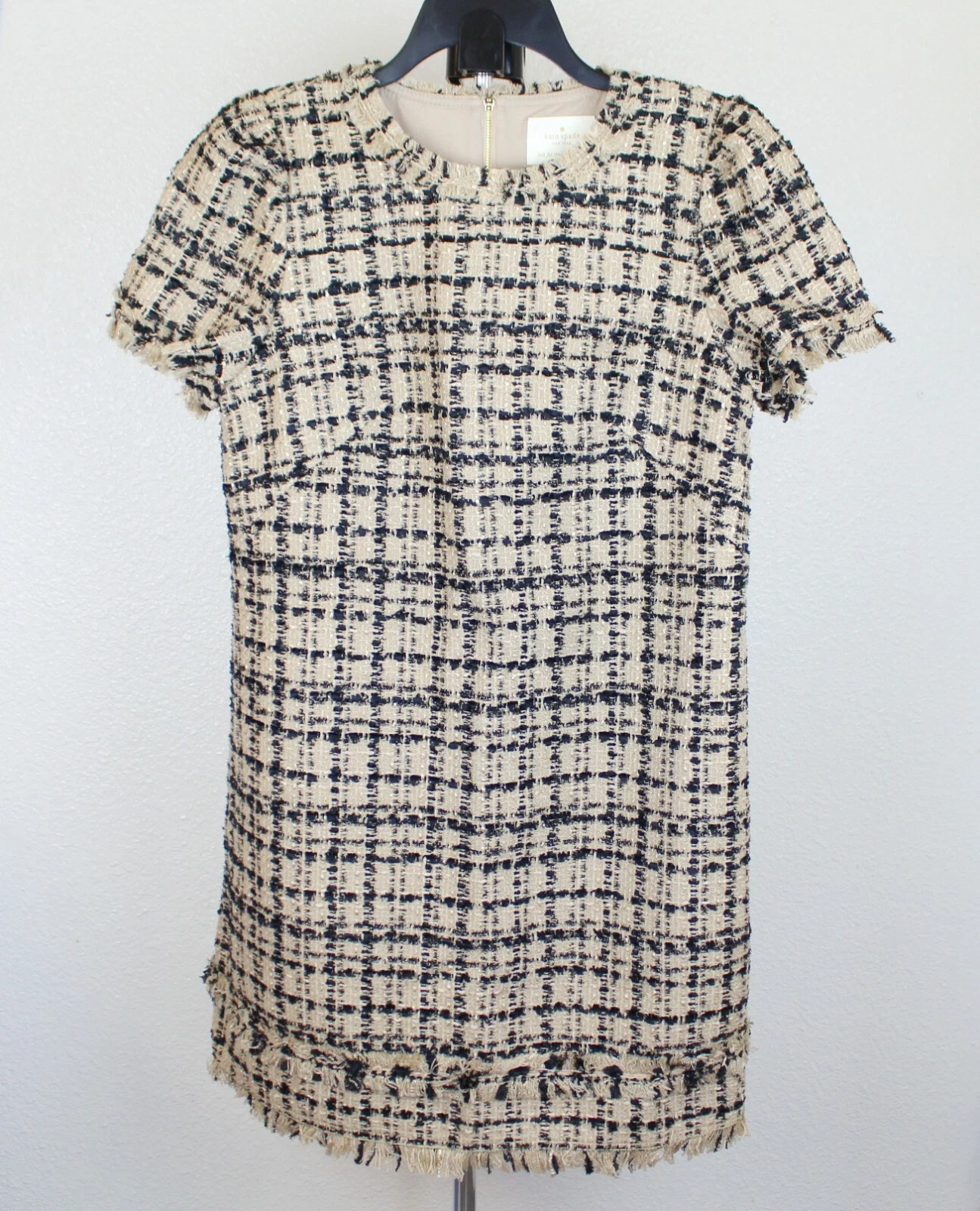 Abito in tweed con tubino scollo gioiello Kate Spade nuovo con etichette arachidi arrosto nero taglia 10