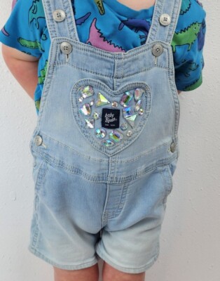 Custome Upcycle Baby B'gosh OshKosh Heart Pocket Denim Overalls Shorts 18m Bling