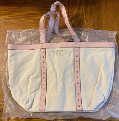 Victoria's Secret Beige Canvas Pink Trim Gold Logo Studs Beach Gym Tote Bag NWT