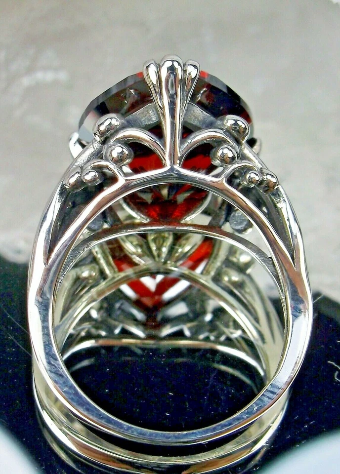 Garnet 10ct CZ Sterling Silver Heart Leaf Filigree Ring Made To Order D#213 - Image 2 of 4