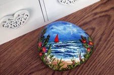 Hand-painted Large Seascape Stone Gift "Beach View" by Judith Rowe