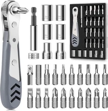30in1 Right Angle Screwdriver, 36-Tooth Mini Ratchet Wrench, Grey 