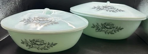 Vintage Phoenix Opal Glass Lidded Serving Dishes Pair Floral Milk Glass 1970s