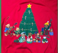 VTG TEDDY BEAR CHRISTMAS SWEATER SWEATSHIRT GLITTER SANTA CLAUS WHIMSICAL XL