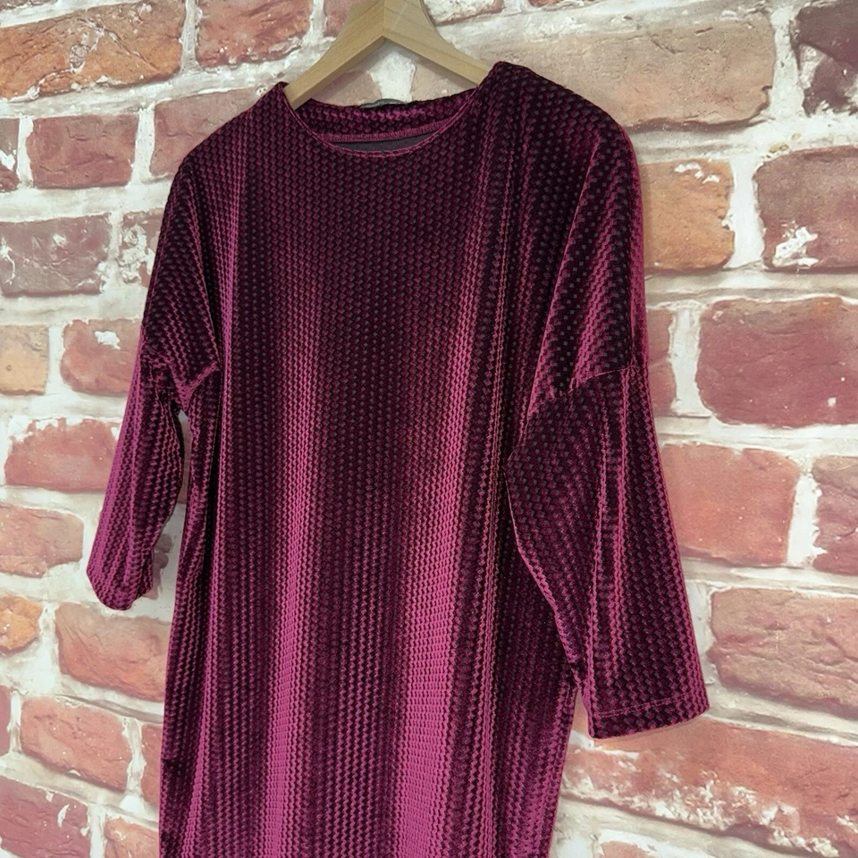 Zara Dress Womens Small Burgundy Black Diamond Velvet Velour Popover - Image 4 of 4