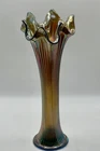 Fenton Fine Rib Vintage Carnival Glass Swung Vase Blue Base Iridescent Amber 10”