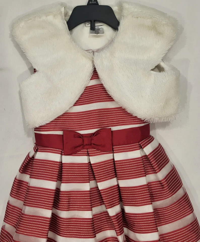 Vestido de vacaciones Jona Michelle para niñas jóvenes talla 6 rojo/blanco a rayas con chaqueta de piel Foto 2 de 4